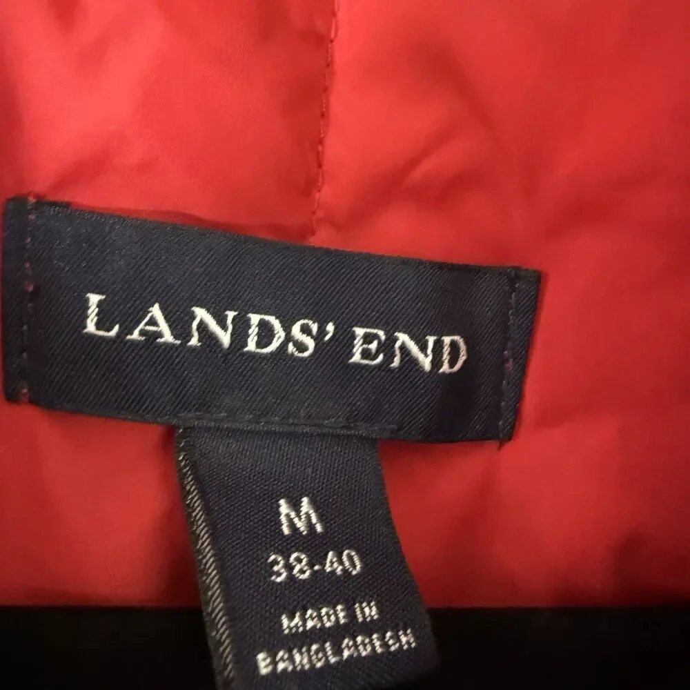 Lands End Puffer Vest Men's Medium Red Duck Down Fill Sleeveless Button Up